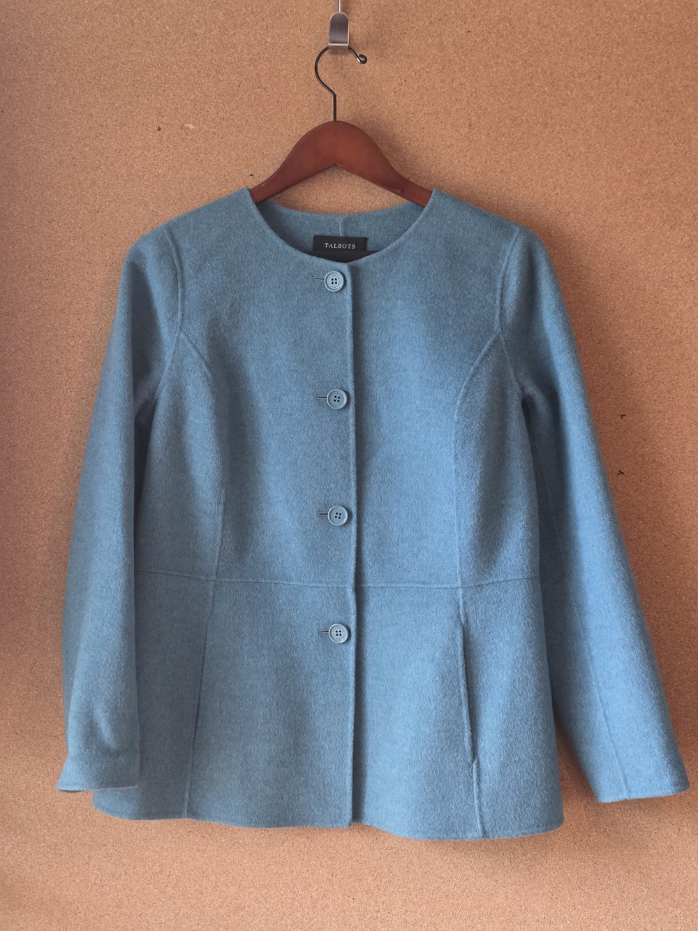 Talbots Teal Blue Double Face Wool Blend Collarless Jacket Blazer Size 8